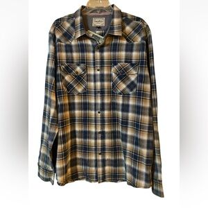 NWT FLAG & ANTHEM Flannel Shirt Men XL Blue Tan Blanket Plaid Preppy Gorp